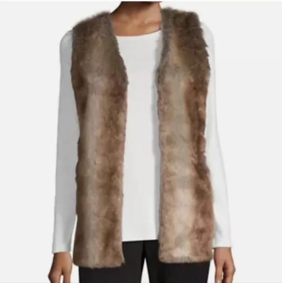 LIZ CLAIBORNE Knit Faux Fur Tan Sweater Vest Size Medium - Picture 1 of 6